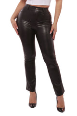 PU Faux Leather Flare Pants With Back Pockets & Button Waist Detail - Black