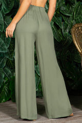 Rayon Twill Wide Leg Pants With Self Tie - Green