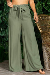 Rayon Twill Wide Leg Pants With Self Tie - Green