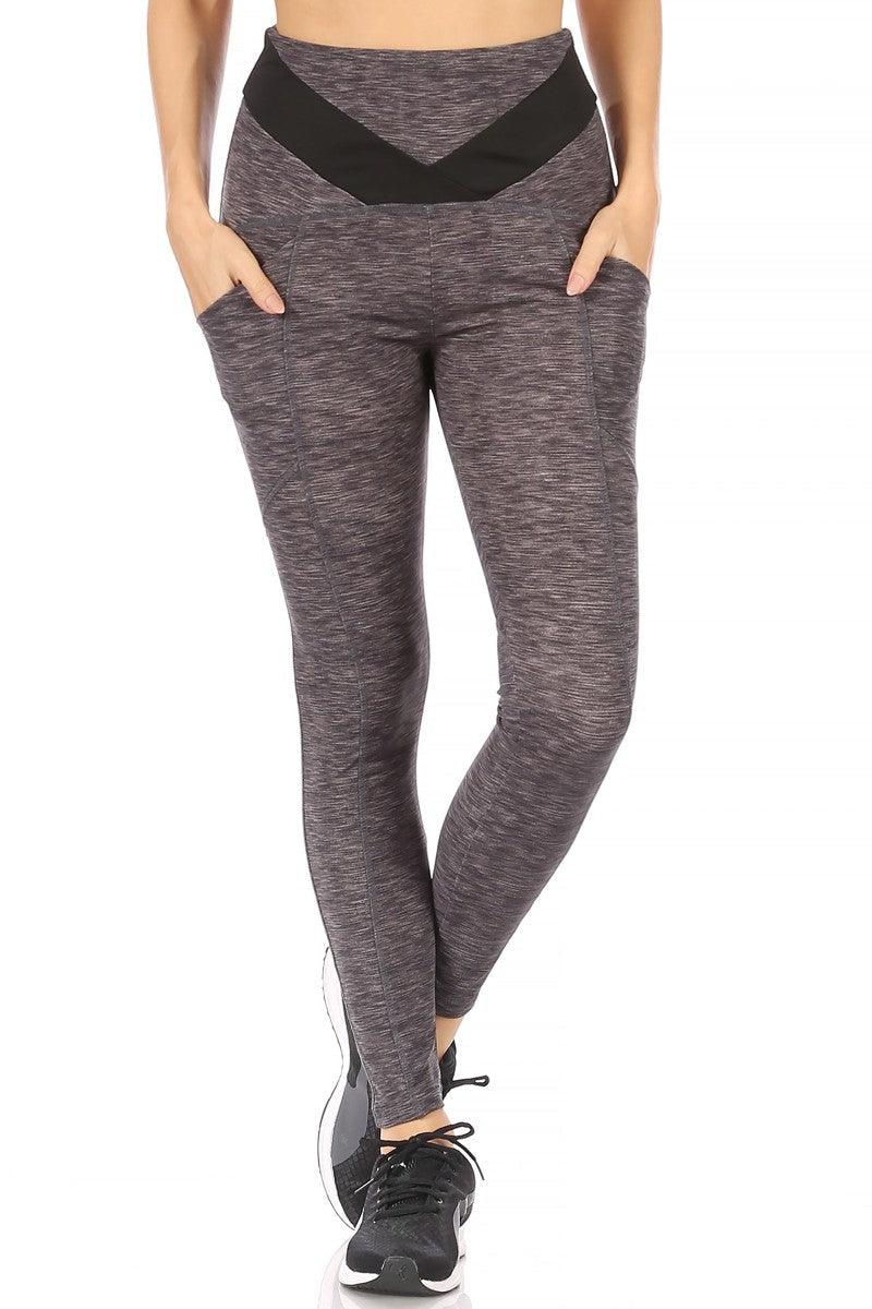 7/8 High Waist Leggings With V Shape Contrast Waistband & Pockets -  Charcoal Space Dye – SHOSHO Fashion