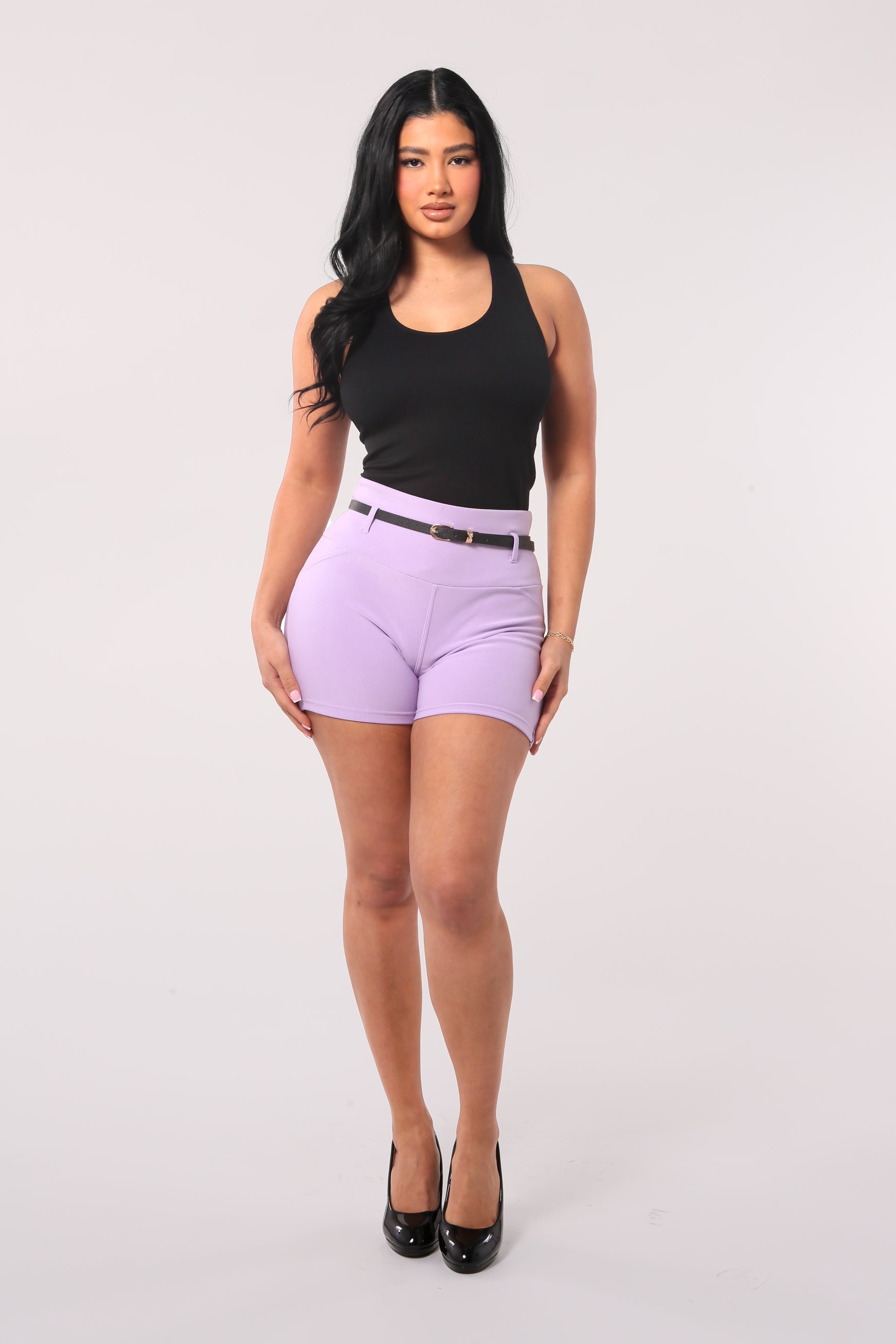 High Waist Sculpting Shorts With Faux Leather Belt - Purple Rose