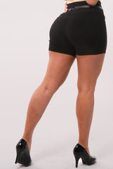 High Waist Sculpting Shorts With Faux Leather Belt - Black - SHOSHO Fashion