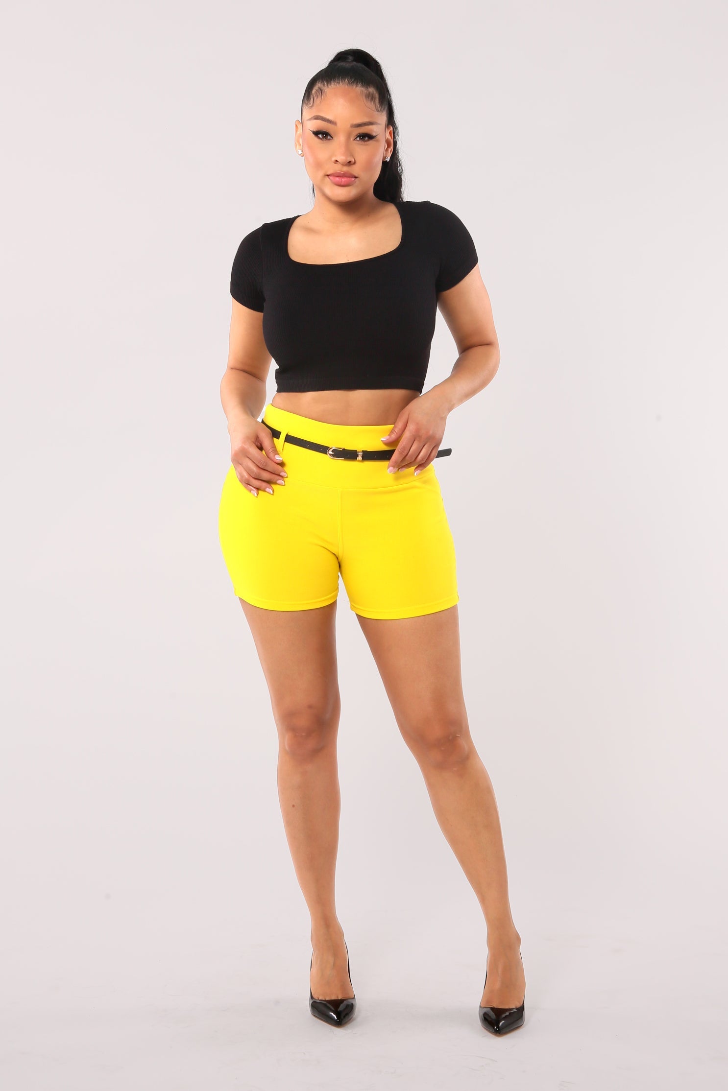 High Waist Sculpting Shorts With Faux Leather Belt - Yellow - SHOSHO Fashion