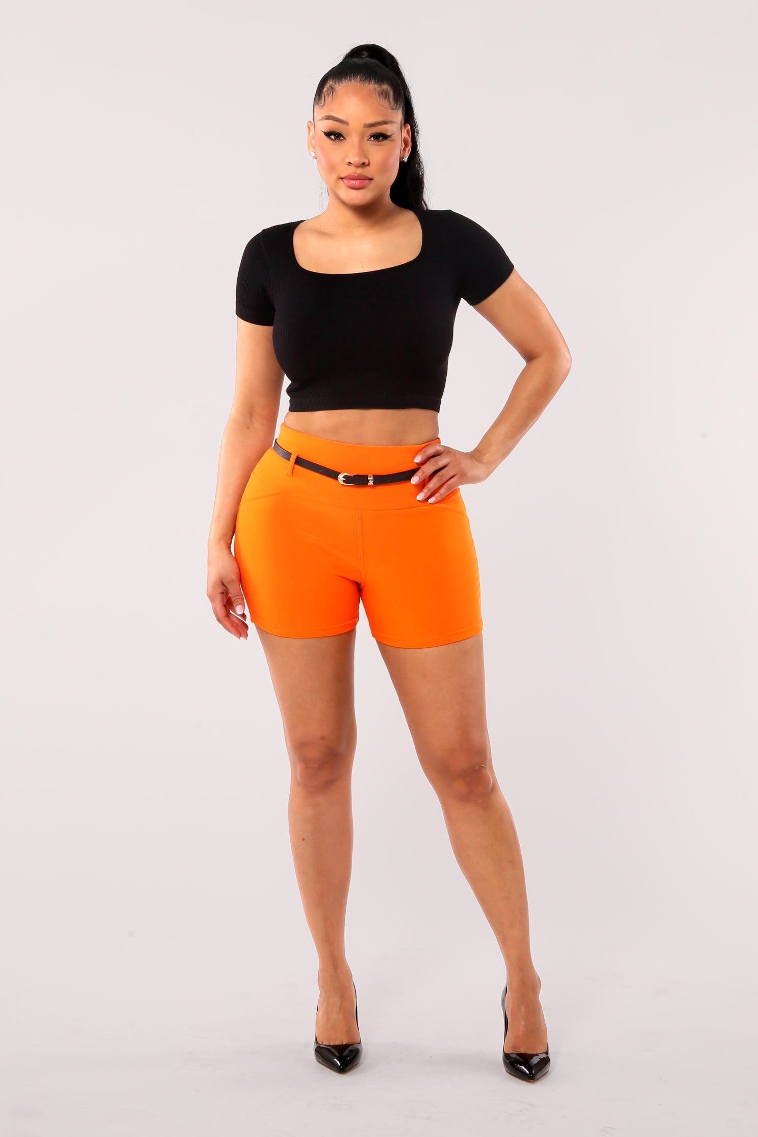 High Waist Sculpting Shorts With Faux Leather Belt - Orange