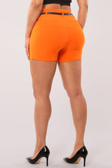 High Waist Sculpting Shorts With Faux Leather Belt - Orange - SHOSHO Fashion
