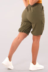 Nylon Cargo Shorts With Bungee Cord Tie Hem - Dark Olive