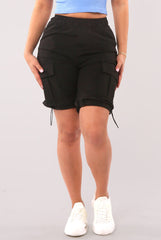 Nylon Cargo Shorts With Bungee Cord Tie Hem - Black