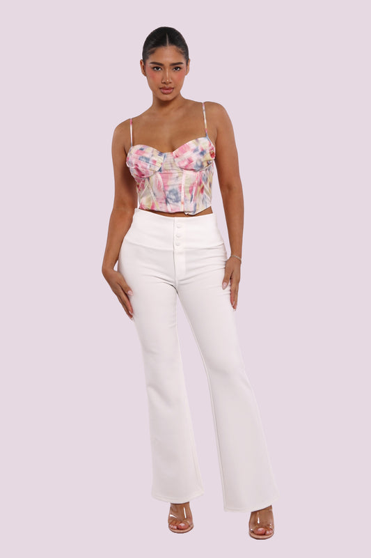 Tummy Control Butt Sculpting Flare Pants With Button Fly Waist Detail - White
