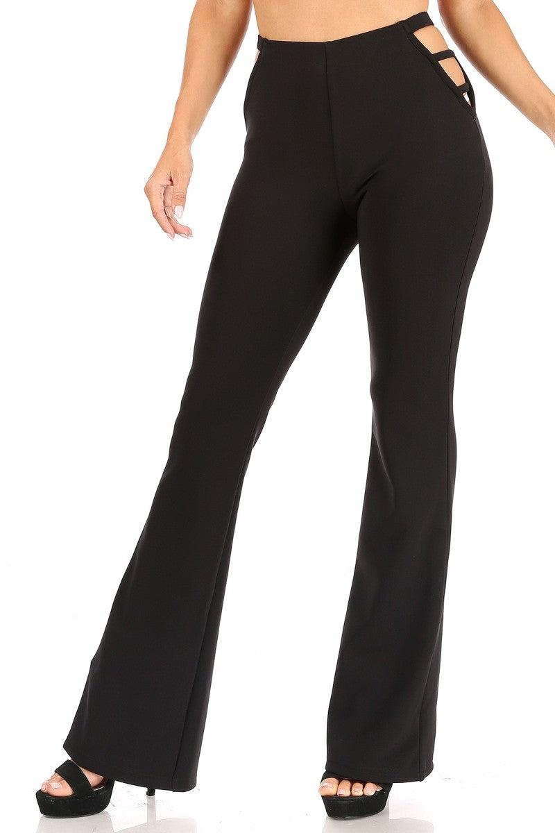 High Waist Flare Pants With Front Seam Detail And Waist Tie - Black