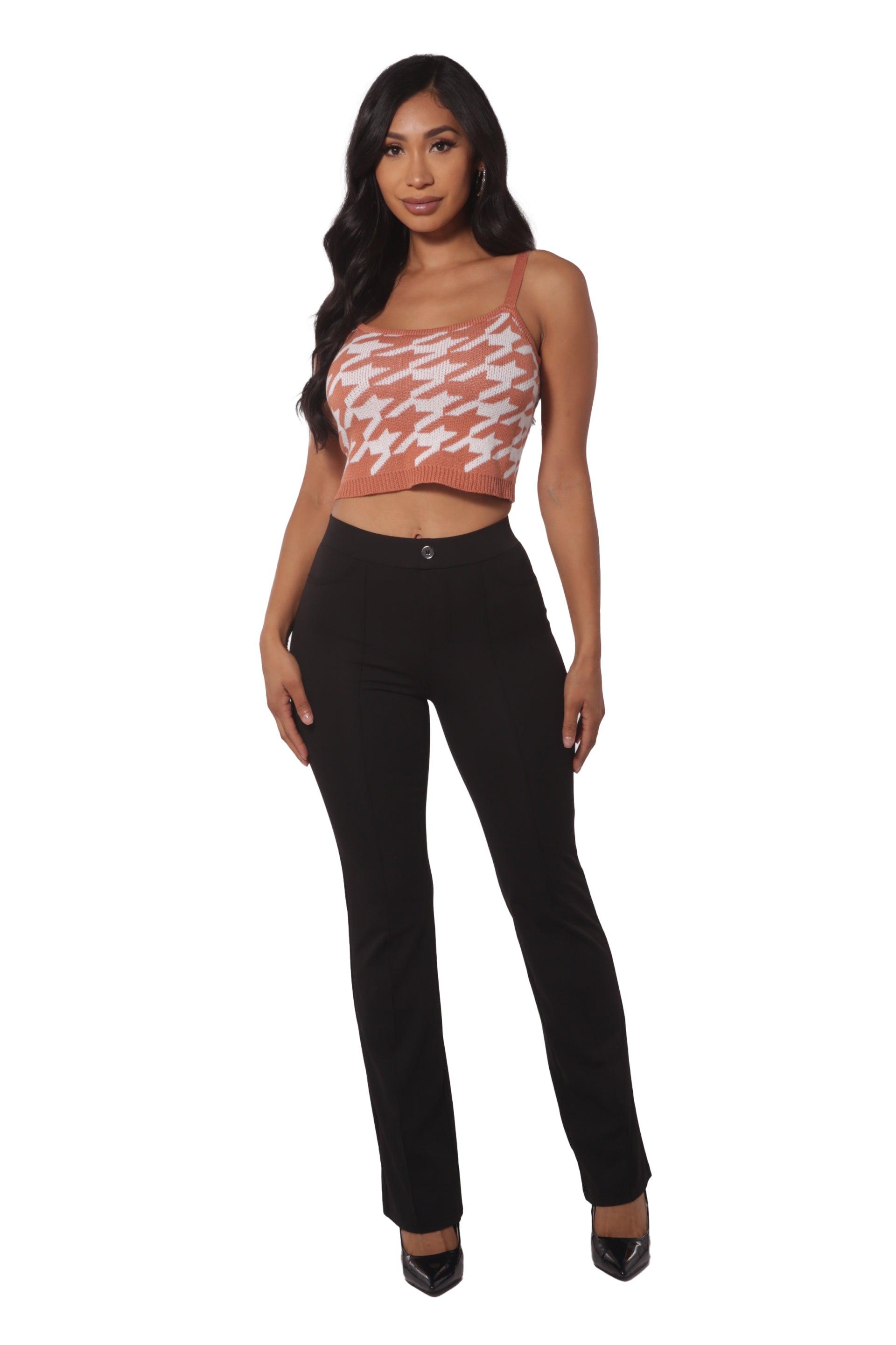 High Waist Flare Pants With Front Pleating & Button Waist Detail