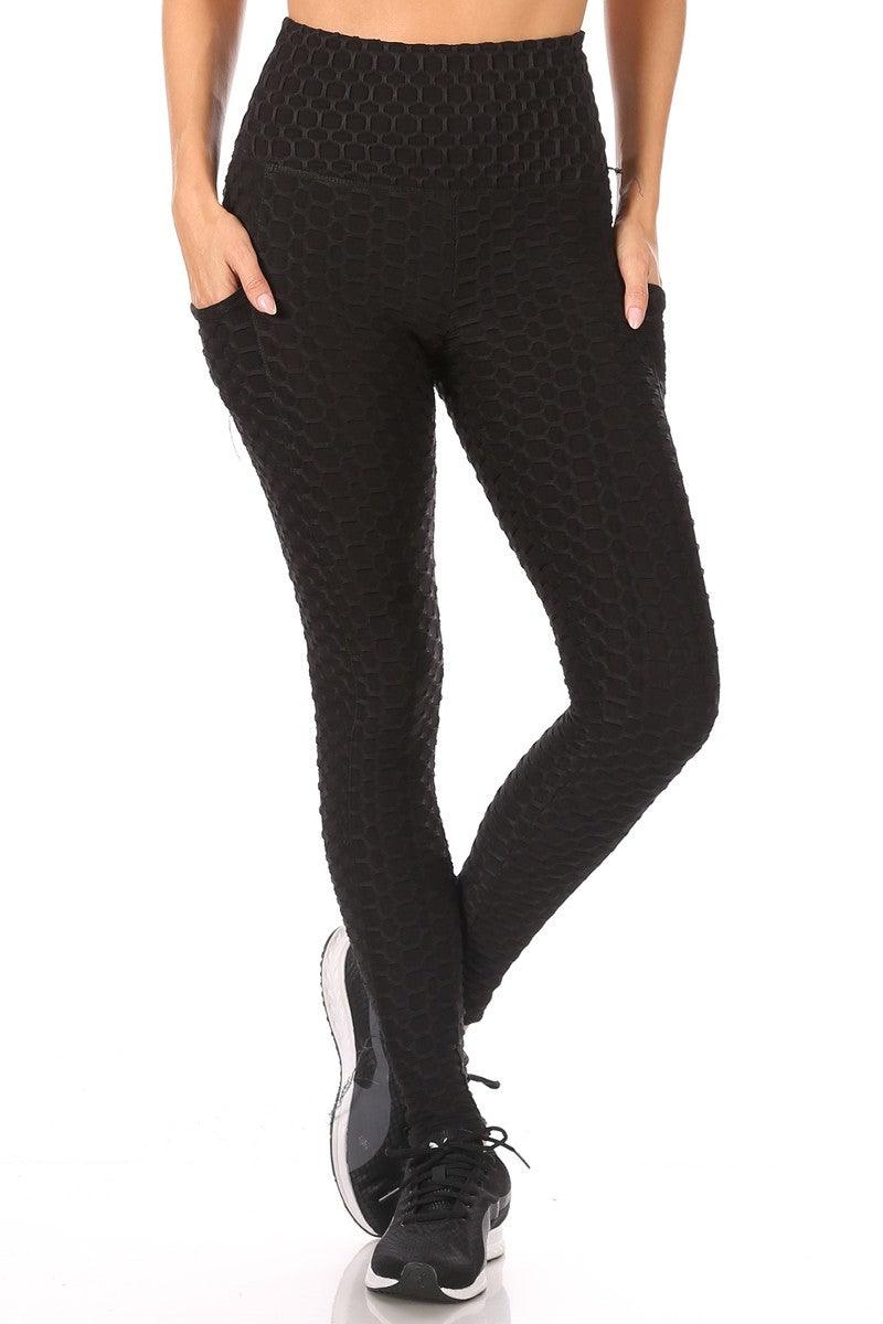 High Waist Diamond Honeycomb Textured Butt Scrunch Sports Leggings With  Pockets - Black – SHOSHO Fashion