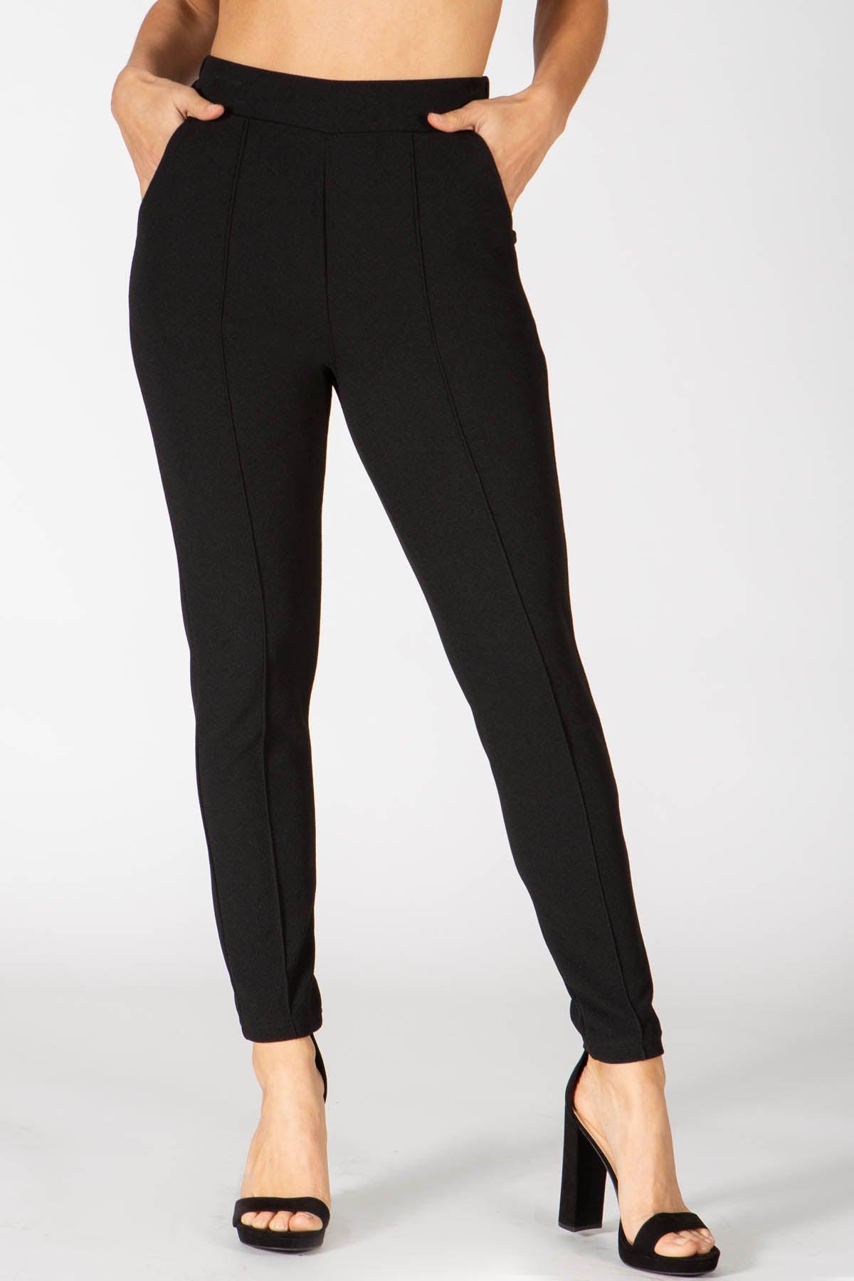 High Waist Textured Knit Slim Fit Pleat Pants - Black