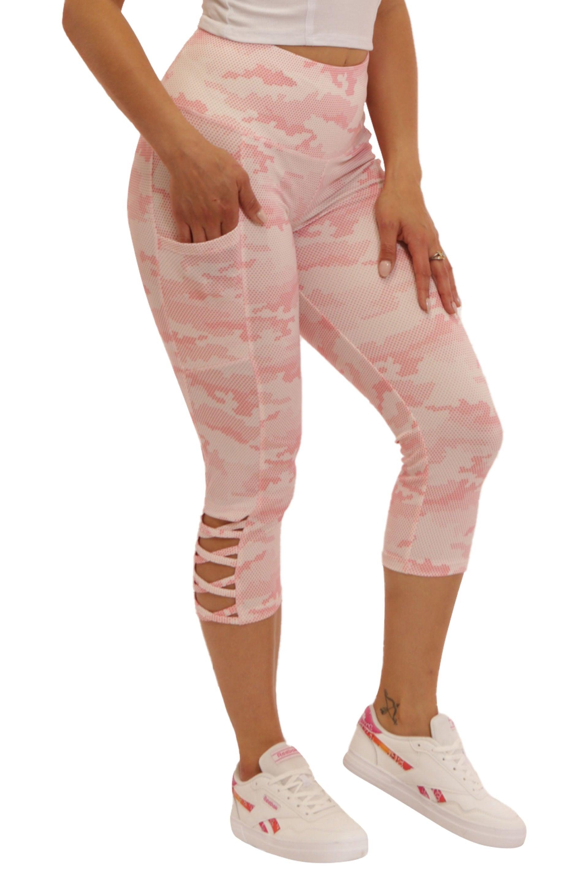 High Waist Tummy Control Sports Capri Leggings - Pink & White Camo