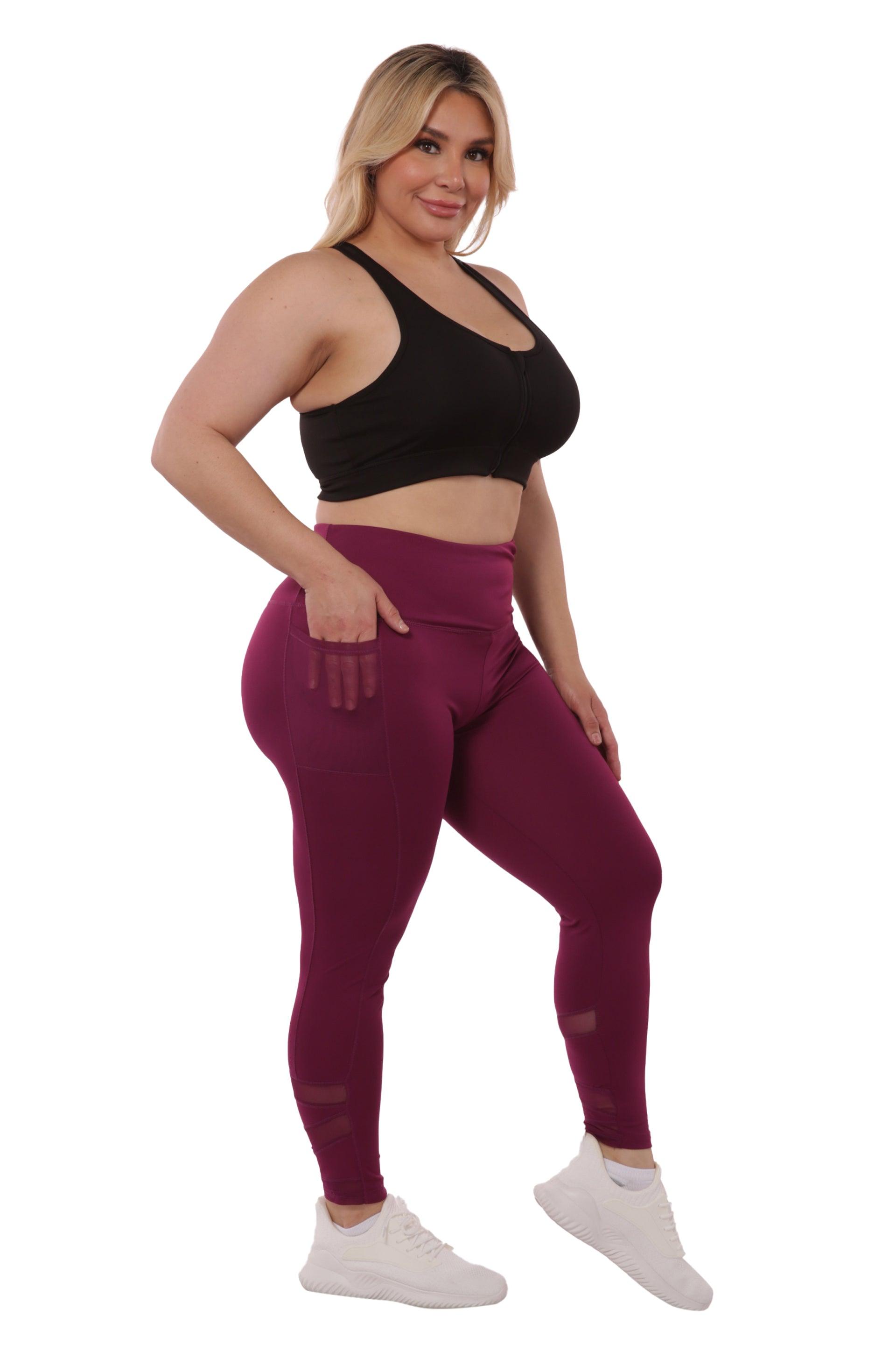 Plus Size High Waist Tummy Control Sports Leggings With Side Pockets & Mesh  Panels - Magenta