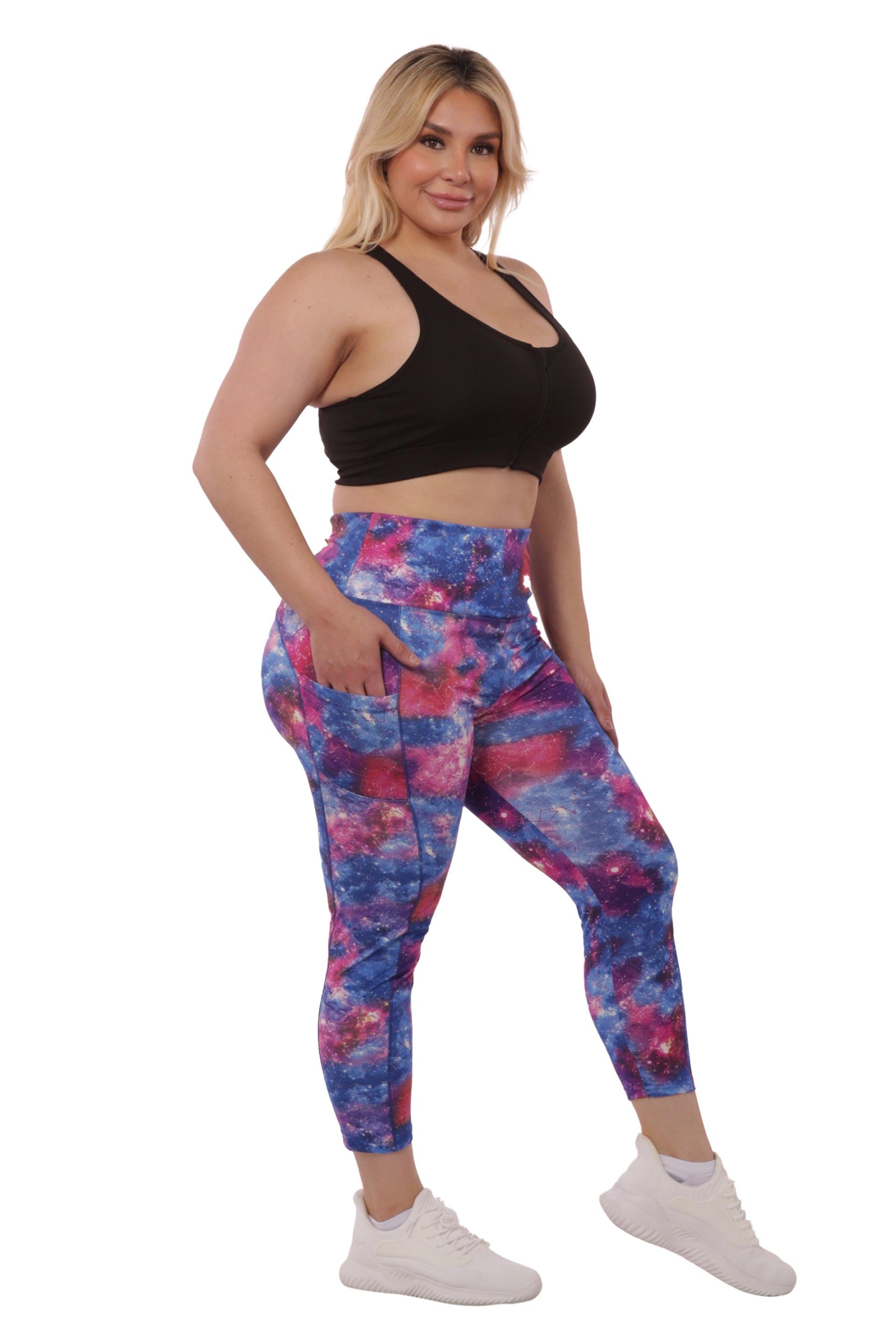 Plus Size High Waist Tummy Control Sports Leggings With Side Pockets - Blue  & Pink Galaxy
