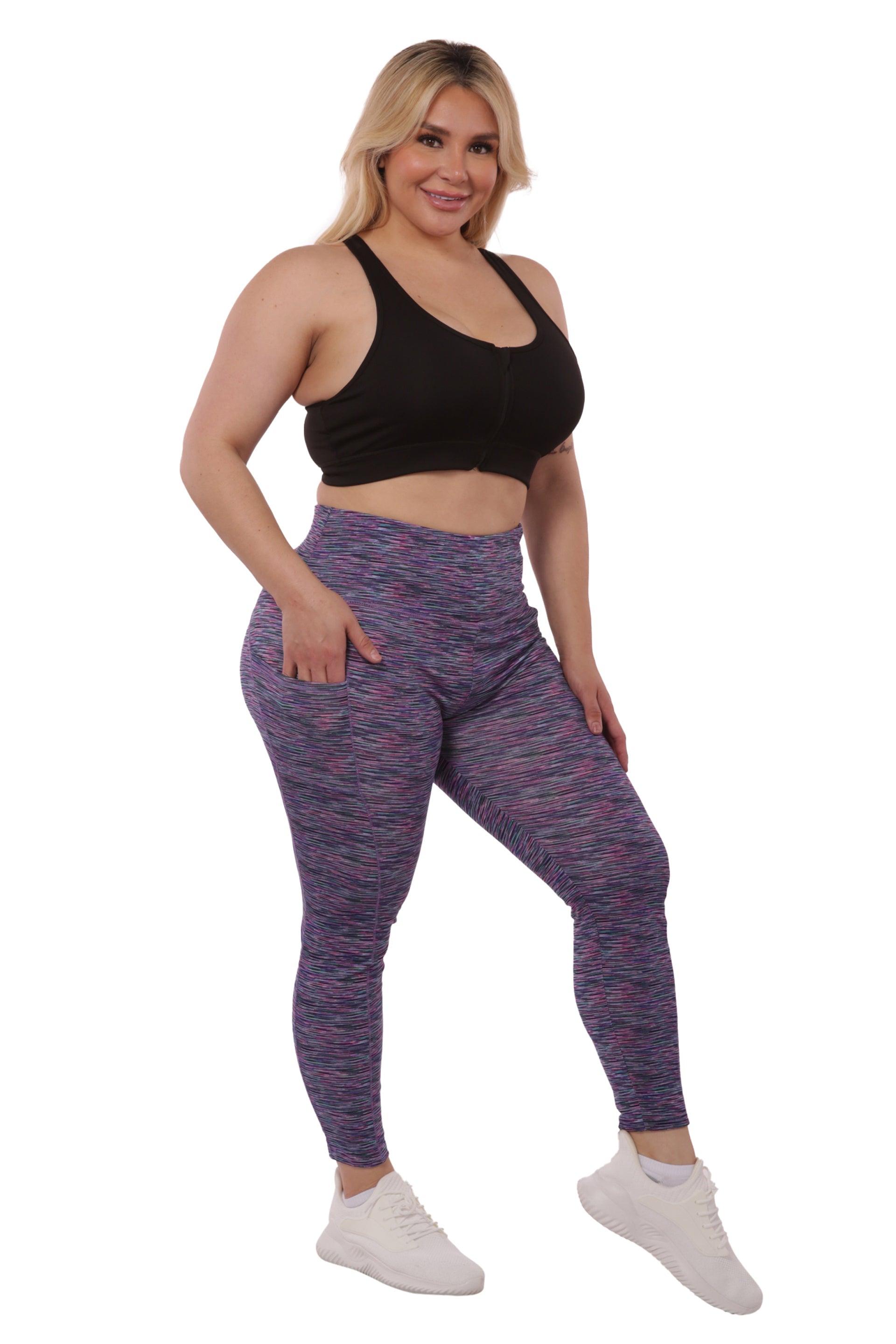Plus Size High Waist Tummy Control Sports Leggings With Side Pockets -  Pink, Teal Space Dye