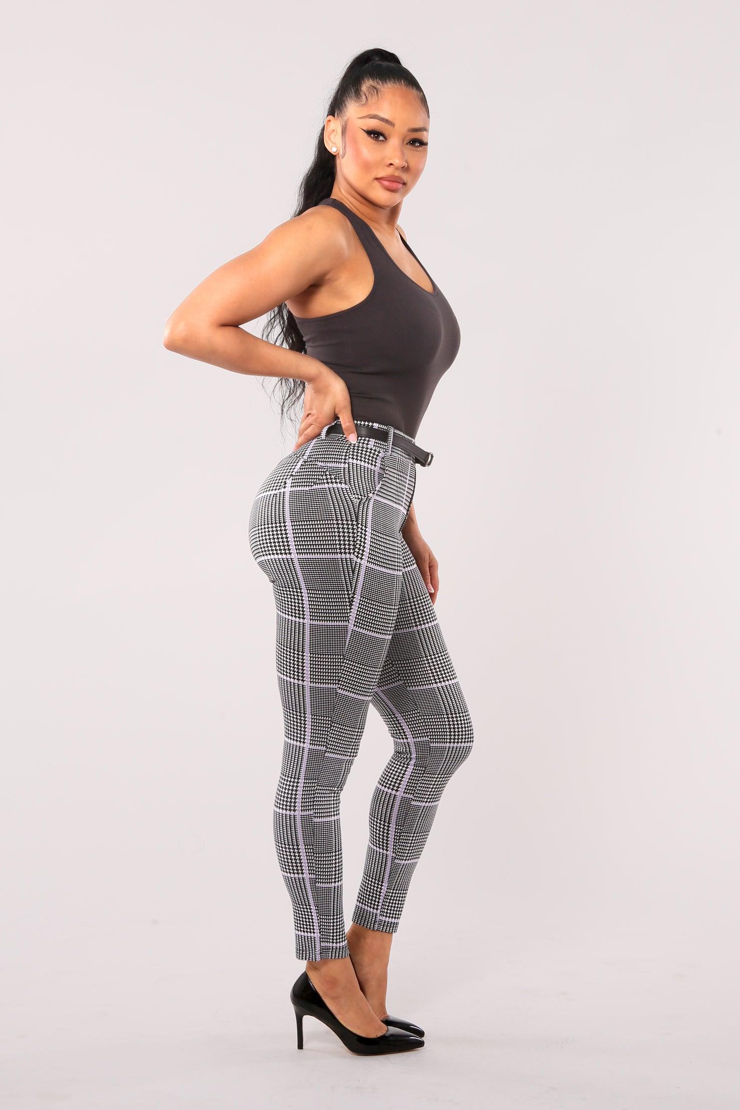 Sculpting Treggings With Faux Leather Belt - Black, White, Mauve Plaid Houndstooth - SHOSHO Fashion
