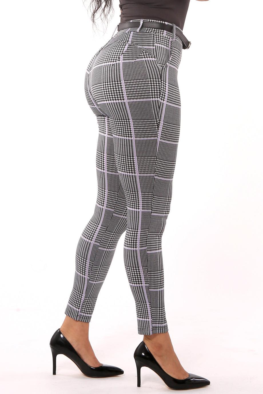 Sculpting Treggings With Faux Leather Belt - Black, White, Mauve Plaid Houndstooth - SHOSHO Fashion