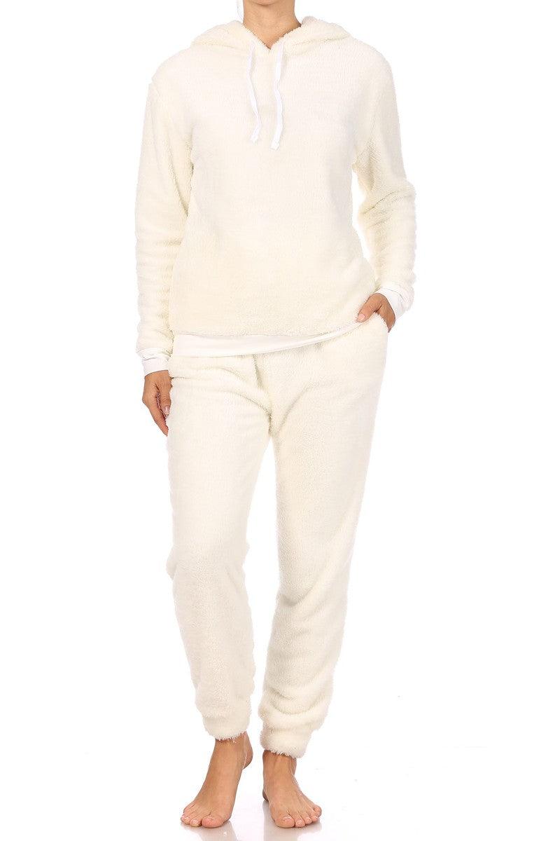 2-Piece Fur Pullover Hoodie + Joggers Set - Cream - SHOSHO Fashion