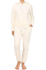 2-Piece Fur Pullover Hoodie + Joggers Set - Cream - SHOSHO Fashion