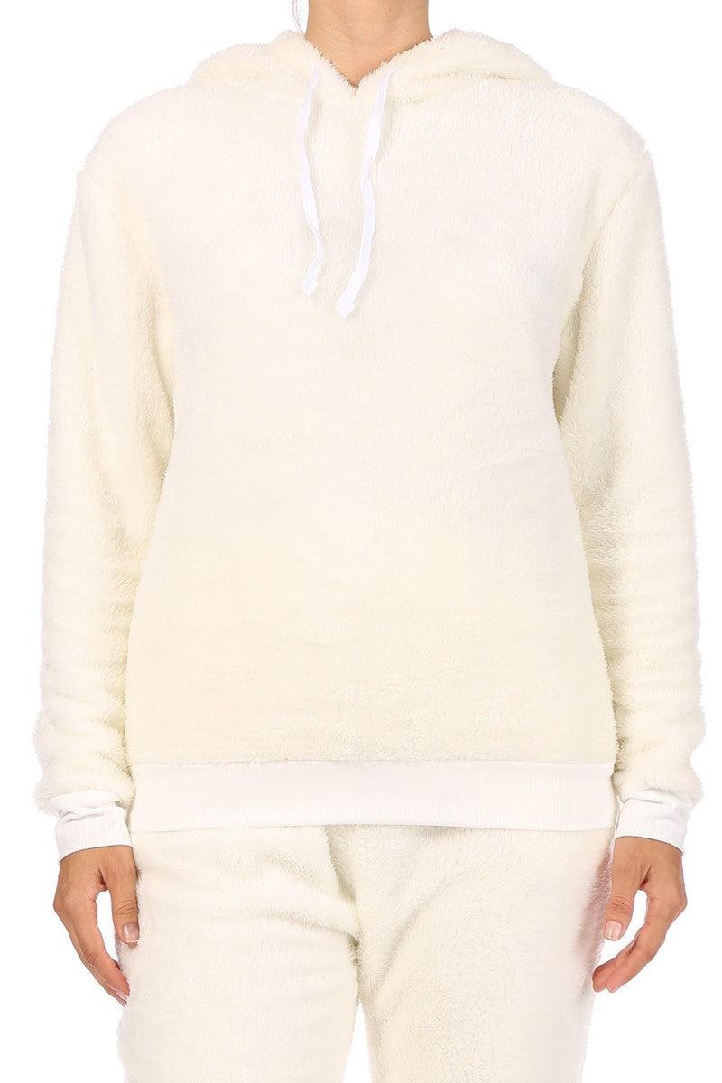 2-Piece Fur Pullover Hoodie + Joggers Set - Cream - SHOSHO Fashion