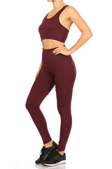 2-Piece Set Crop Tops & High Rise Tummy Control Sports Leggings With Side Pockets - Burgundy - SHOSHO Fashion