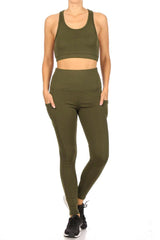 2-Piece Set Crop Tops & High Rise Tummy Control Sports Leggings With Side Pockets - Olive - SHOSHO Fashion