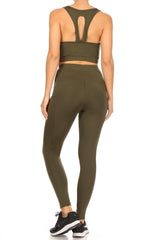 2-Piece Set Crop Tops & High Rise Tummy Control Sports Leggings With Side Pockets - Olive - SHOSHO Fashion