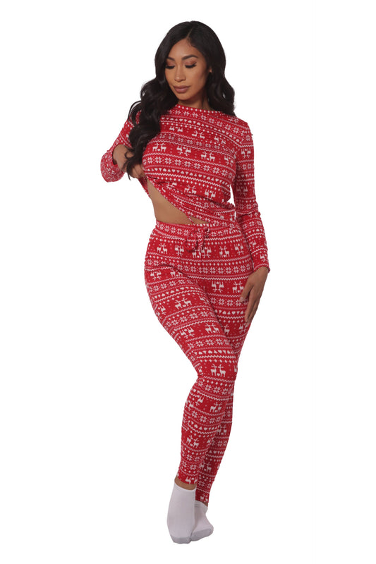 Holiday Print Fleece Lined Long Sleeve Top & Sweatpants Pajama Set - Red & White