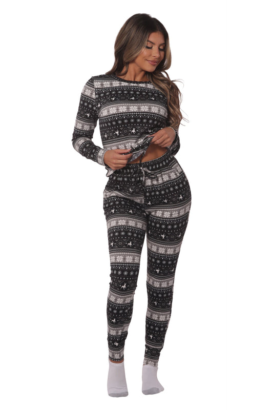 Holiday Print Fleece Lined Long Sleeve Top & Sweatpants Pajama Set - Black, Gray & White