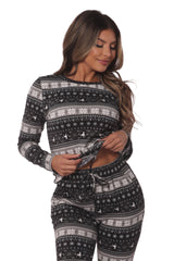 Holiday Print Fleece Lined Long Sleeve Top & Sweatpants Pajama Set - Black, Gray & White