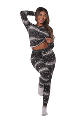 Holiday Print Fleece Lined Long Sleeve Top & Sweatpants Pajama Set - Black, Gray & White