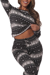 Holiday Print Fleece Lined Long Sleeve Top & Sweatpants Pajama Set - Black, Gray & White