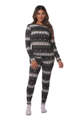 Holiday Print Fleece Lined Long Sleeve Top & Sweatpants Pajama Set - Black, Gray & White