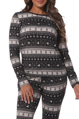 Holiday Print Fleece Lined Long Sleeve Top & Sweatpants Pajama Set - Black, Gray & White