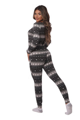 Holiday Print Fleece Lined Long Sleeve Top & Sweatpants Pajama Set - Black, Gray & White