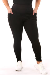 High Waist Rib Knit Leggings With Side Pockets - Black