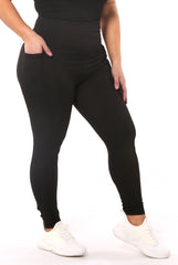 High Waist Rib Knit Leggings With Side Pockets - Black