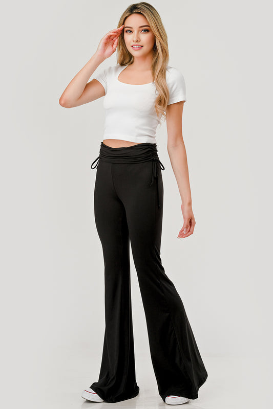 Drawstring Ruched Waist Flare Pants - Black