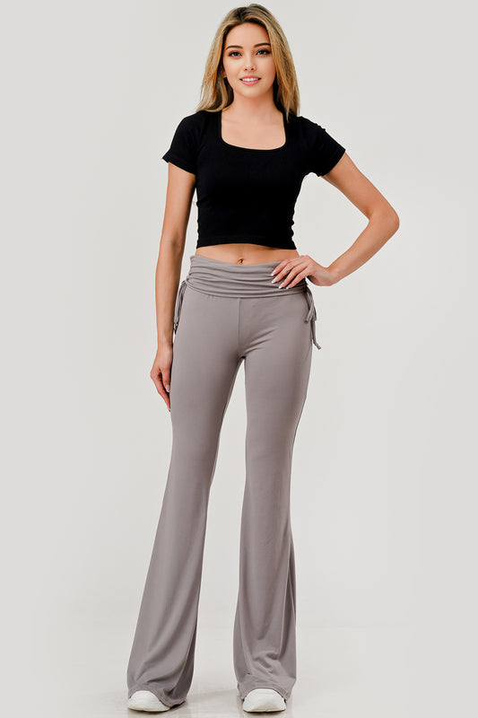 Drawstring Ruched Waist Flare Pants - Fossil Gray