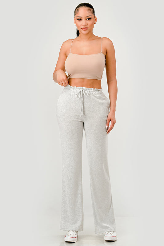 Fuzzy Knit Paperbag Waist Wide Leg Pants - Light Heather Gray