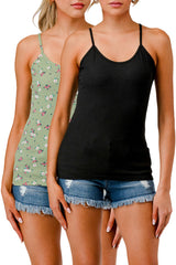 2-Pack Rib Knit Cami Tank Tops - Black, Green Floral