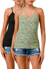 2-Pack Rib Knit Cami Tank Tops - Black, Green Floral