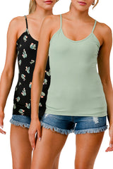 2-Pack Rib Knit Cami Tank Tops - Green, Black Cactus