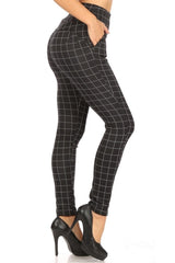 High Waist Sculpting Treggings With Front Pockets - Black & White Plaid