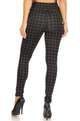 High Waist Sculpting Treggings With Front Pockets - Black & White Plaid