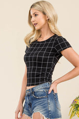 Rib Knit Printed Short Sleeve Tops - Black, White Plaid