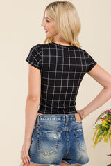 Rib Knit Printed Short Sleeve Tops - Black, White Plaid