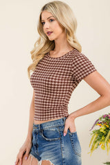 Rib Knit Printed Short Sleeve Tops - Brown, Taupe Houndstooth