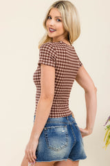 Rib Knit Printed Short Sleeve Tops - Brown, Taupe Houndstooth